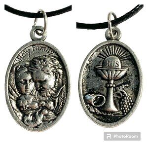 Vintage Holy Family Catholic Necklace Pendant Silver tone 18" Medal Jesus